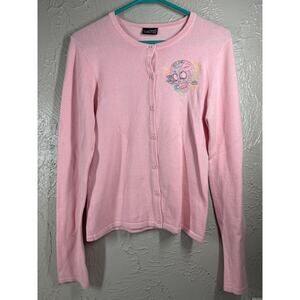 Rock Steady‎ NYC Brand Women’s Pink Button Down Sweater Skull Patch Size Medium